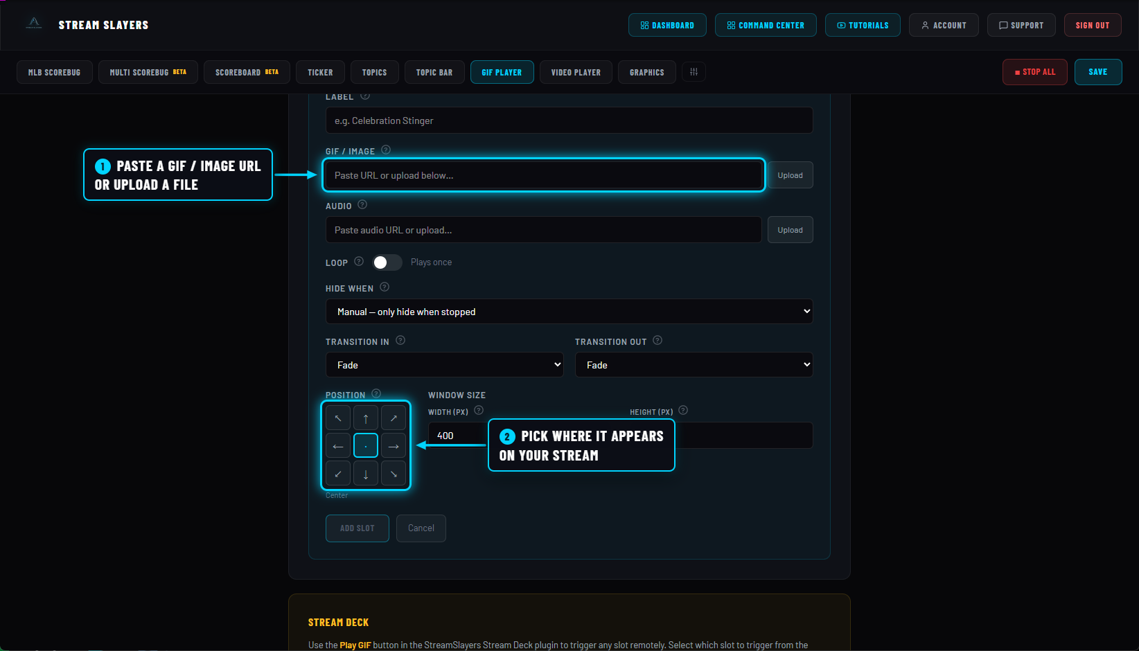 GIF slot editor with the media URL field and position grid annotated