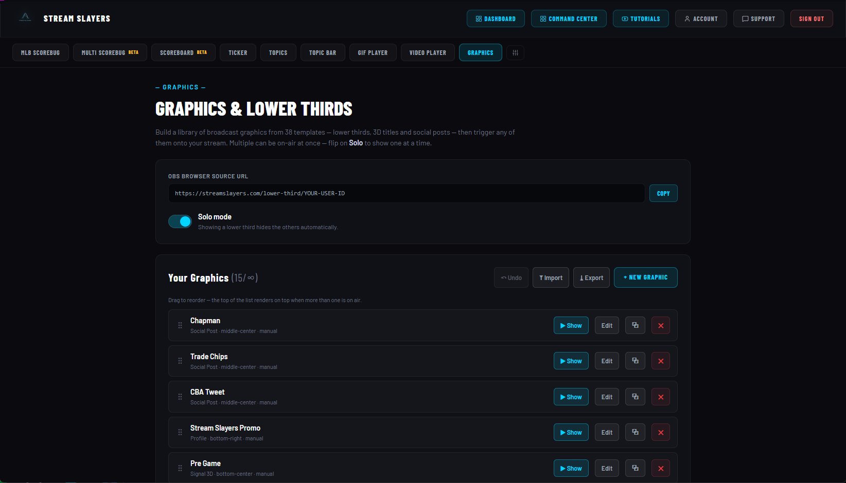 Graphics settings page with overlay URL and your graphics list