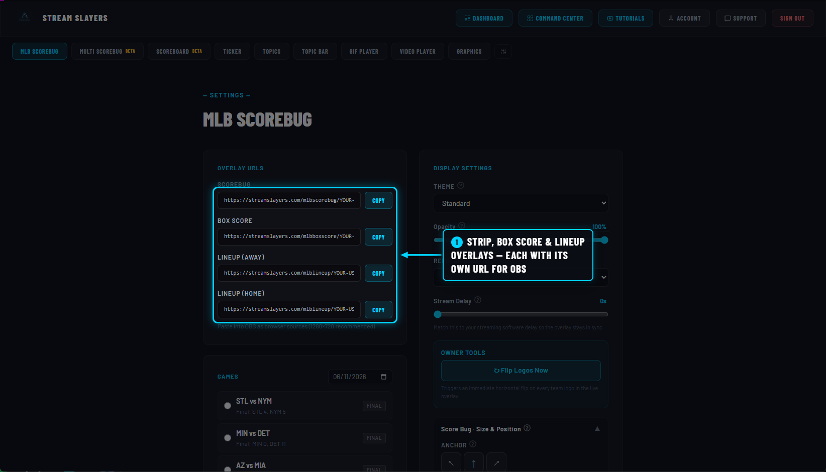 MLB ScoreBug settings showing four overlay URLs with copy buttons
