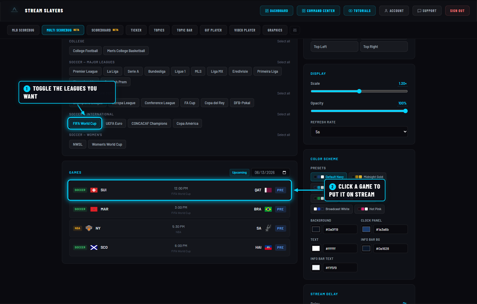 League toggles and the games list with a World Cup match highlighted