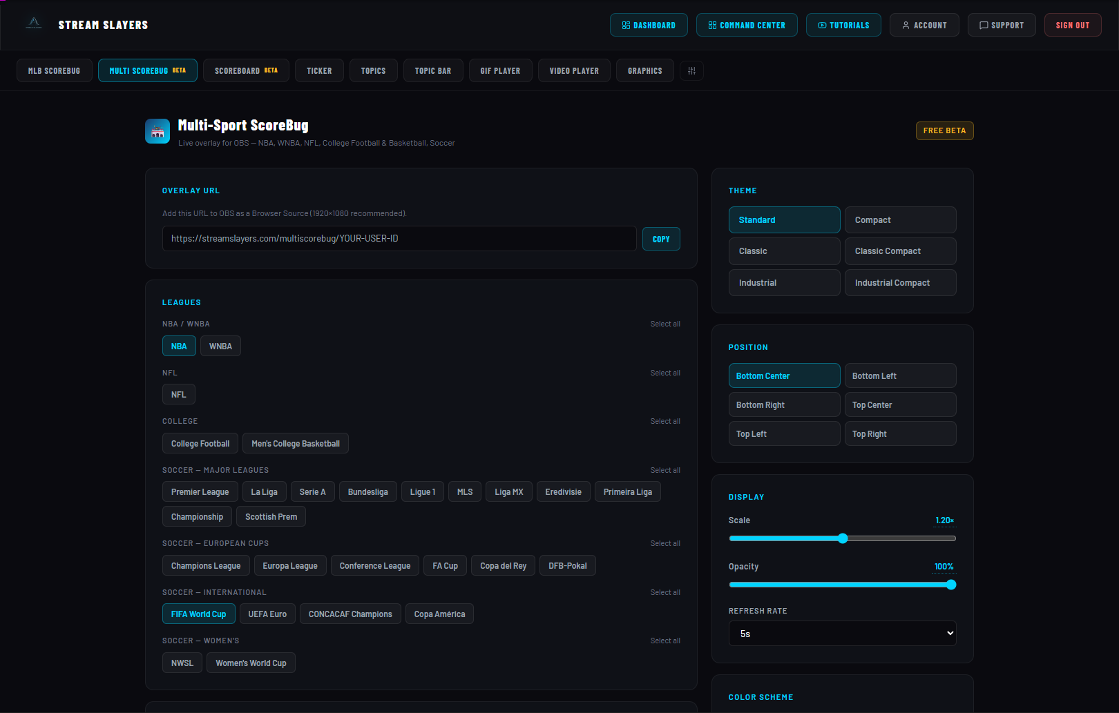 Position grid, Display sliders and Refresh Rate on the settings page