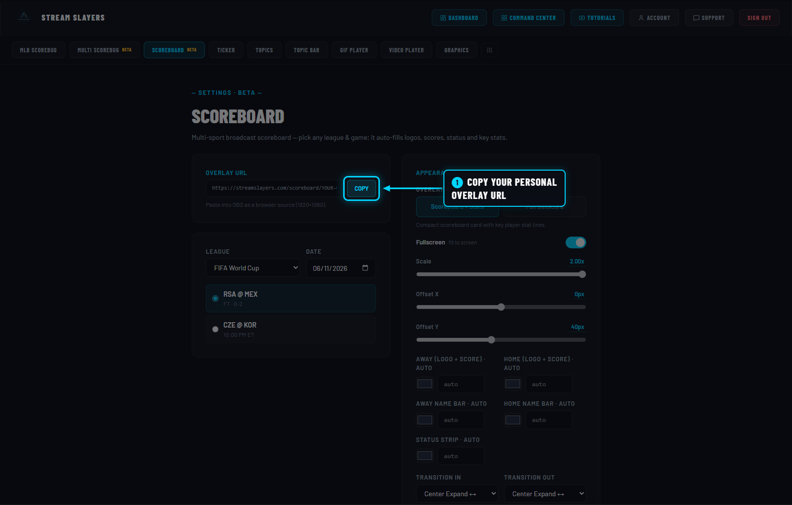 Scoreboard settings page with the COPY button highlighted next to the overlay URL