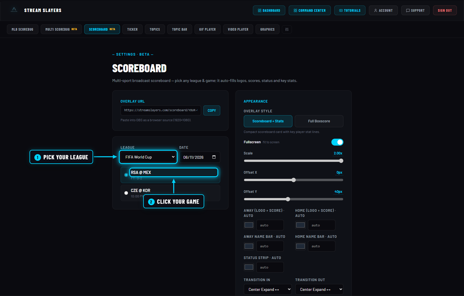 Scoreboard settings with the league dropdown and a World Cup game highlighted