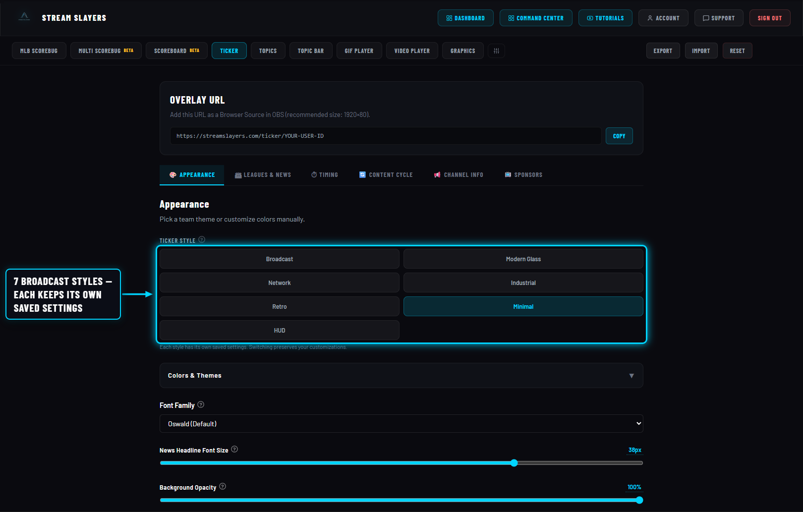 Ticker style picker with seven broadcast styles