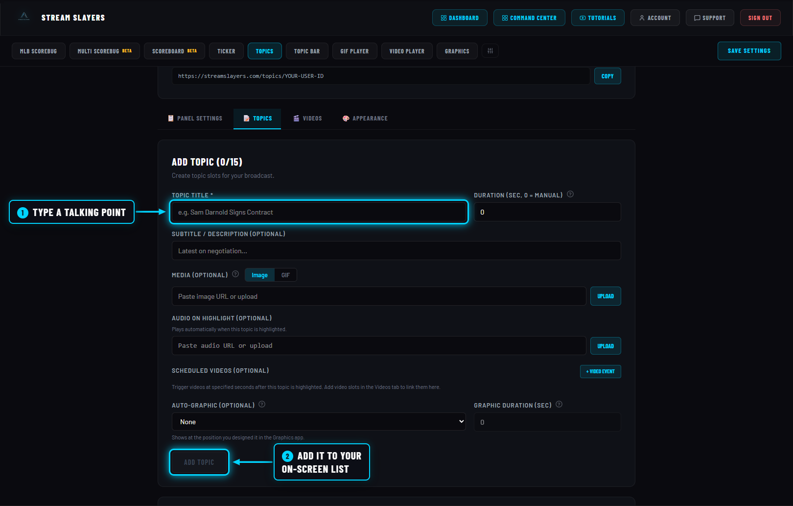 Add Topic form with the title field and ADD TOPIC button annotated
