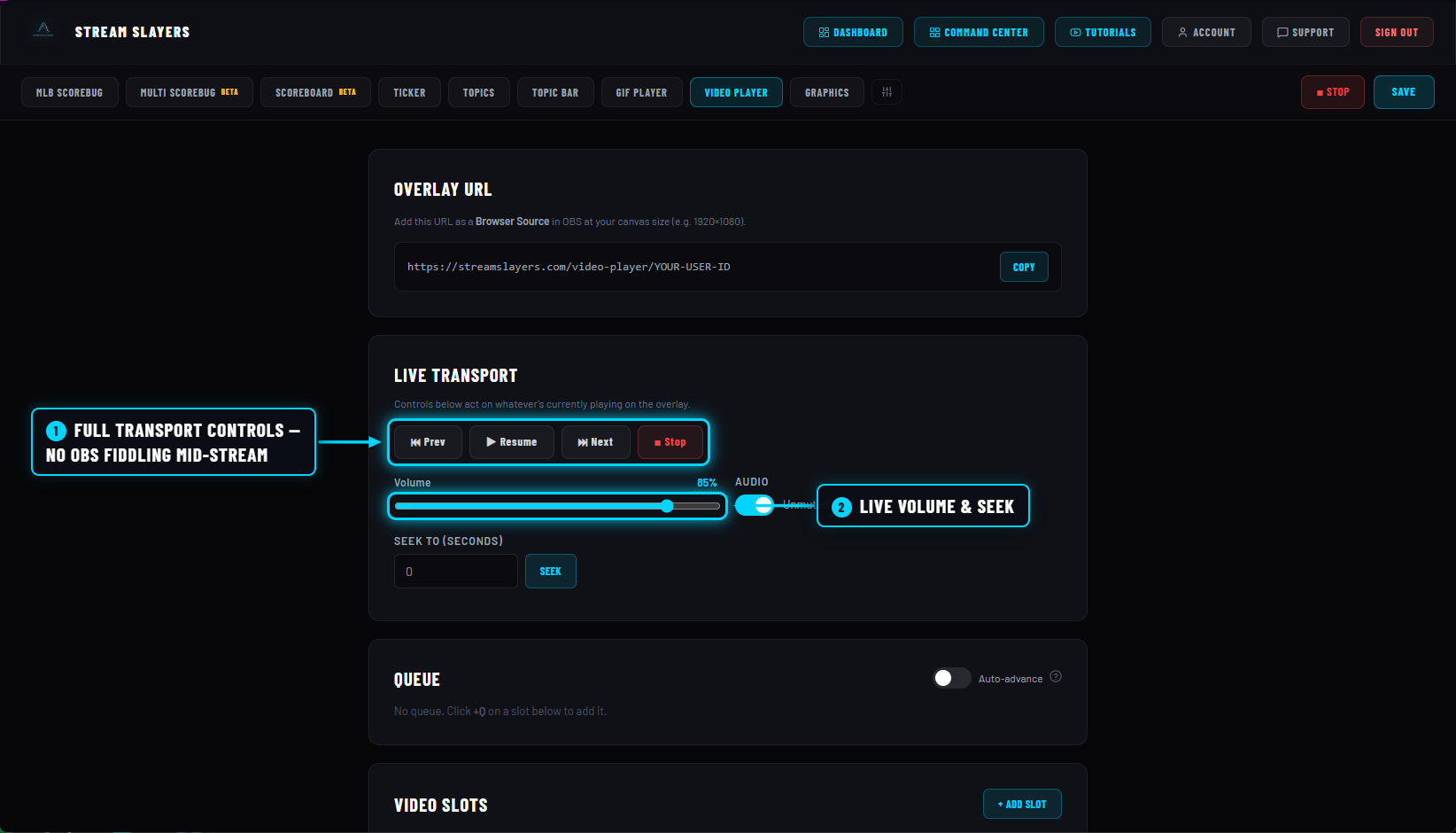 Live transport controls with volume and seek annotated