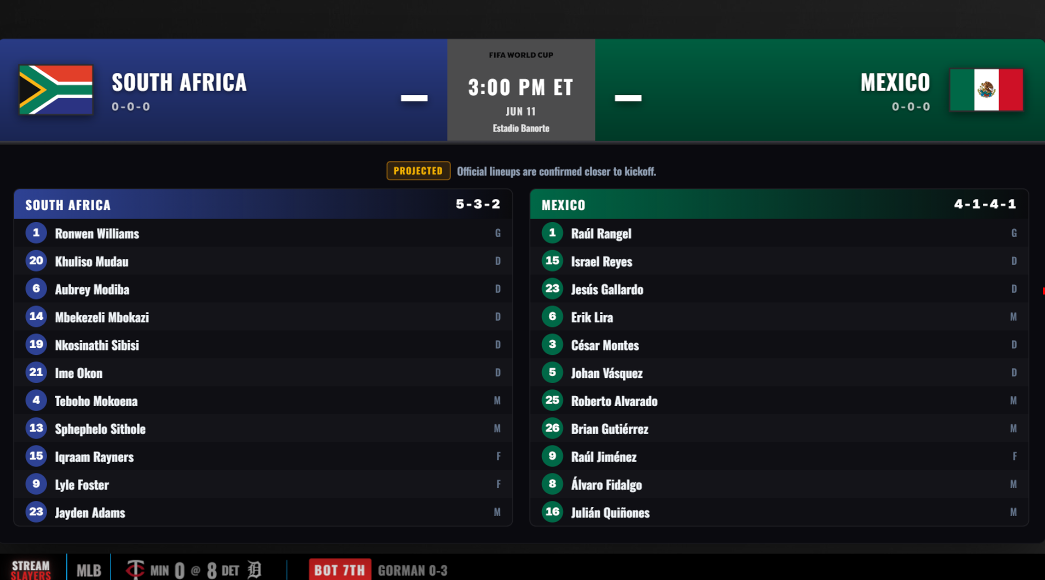 Scoreboard — FIFA World Cup starting lineups page